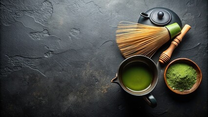 Fototapeta premium Silhouette of Matcha tea preparation with kettle and whisk on dark background