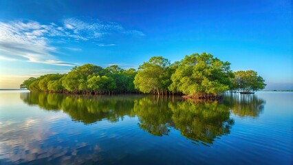 Obraz premium Silhouette of mangrove trees against blue morning sky