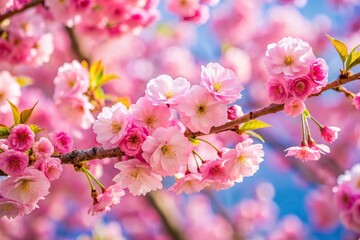 Tilted angle springtime splendor pink blossoms adorning tree branch
