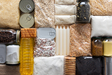 Home food supplies for quarantine and isolation, including canned food, cereals, pasta, and...