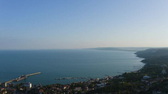 Establishing footage of the city of Balchik Bulgaria and its harbor on the Black Sea