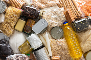 Canned goods, cereals, and pasta stored for quarantine and isolation, ensuring long-term survival...