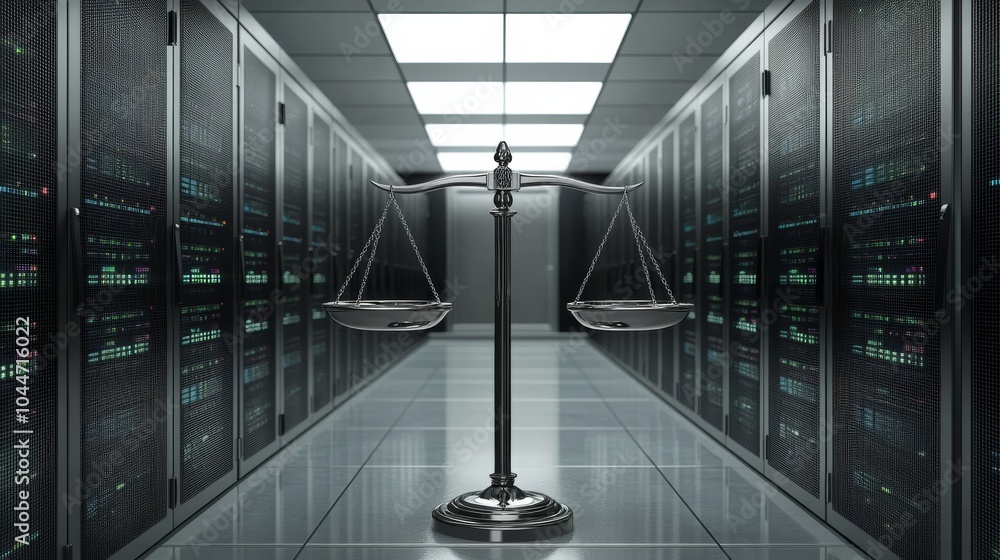 Poster a digital data center featuring a symbolic scale of justice, representing the balance between law an