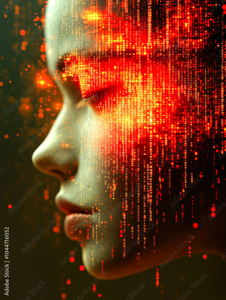 Poster a female profile with glowing red digital patterns symbolizing technology and identity. futuristic c