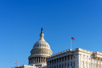 Panoramic view of the United States flags waving proudly against a clear blue sky, Washington DC