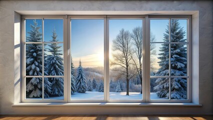 Silhouette of modern residential window with snow-covered trees