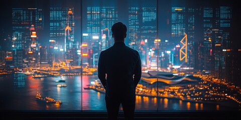 Businessman Analyzing Data on Digital Screens with City Skyline Background