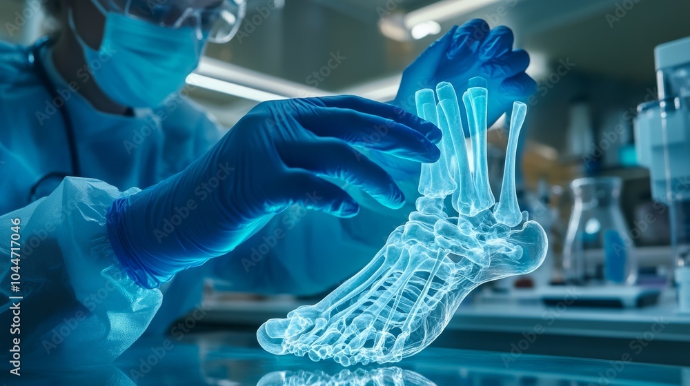 Poster a healthcare professional examines a transparent foot model, emphasizing anatomy in a lab setting wi