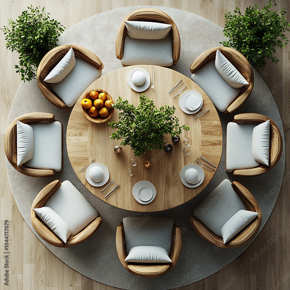Poster 3d top view of small dining area with a compact table and modern chairs detailed floor plan on a cle