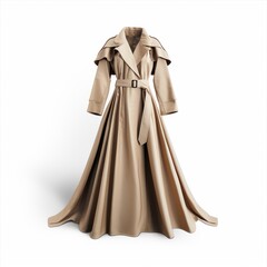 An elegant and stylish beige trench coat dress is perfect for various fashion styling occasions. Women clothing. Smart Casual fashion. Isolated on white background