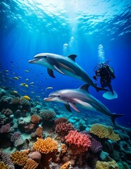 Fototapeta premium scuba diver and dolphin