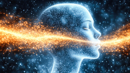 A cosmic female form with energy streams flowing across, merging the concepts of humanity, the universe, and energy cycles.
