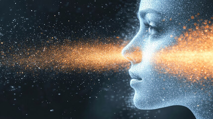 A digital artwork of a woman's profile with glowing orange particles streaming across her face, symbolizing connection and energy.
