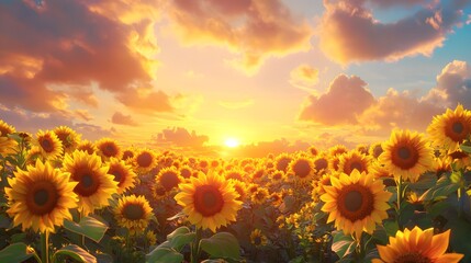 Fototapeta premium A vibrant field of sunflowers at sunset with a warm, golden glow.