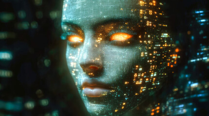 A digital representation of a woman’s face adorned with glowing code, showcasing the blend of human features and data technology.