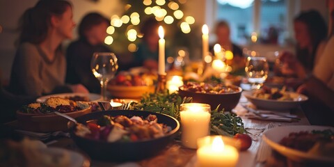 A warm family dinner scene, with a table full of food, candles, and everyone sharing a meal together.