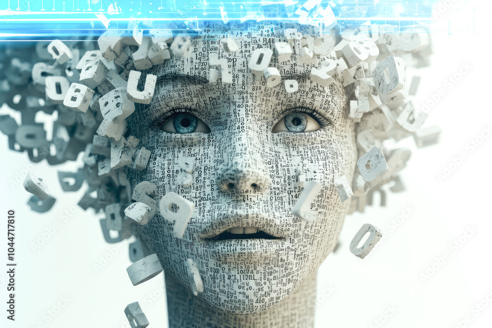Poster a face made of numbers and letters, representing the complexities of digital information and human i