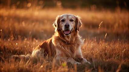 Golden Retriever Dog Enjoying Outdoors at a Large Grass Field at Sunset