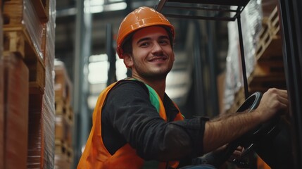 A smiling warehouse worker in an orange safety vest and helmet operates a forklift amidst stacked pallets.
