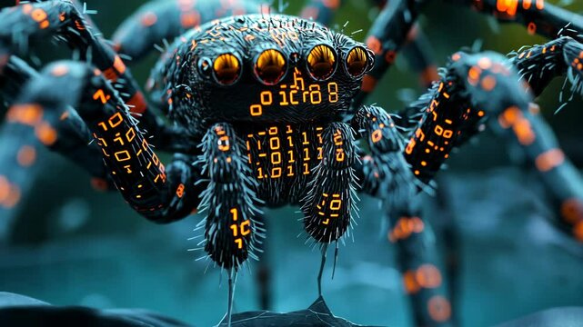 A robotic spider with orange glowing lights and binary code patterns on its body stands on a dark surface with a blurred green background