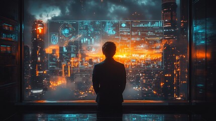 Obraz premium Businessman analyzing data on digital screens against a city skyline