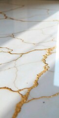 White marble with golden cracks, a high-contrast abstract background with a dramatic, textured...