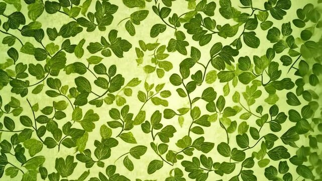 A detailed pattern of green leaves on a light green background
