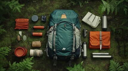 Hiking essentials arranged for a forest expedition, featuring a backpack, tent, and survival tools, ready for a mountain adventure. Clean, organized layout
