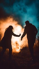 Fototapeta premium Silhouettes of a man and woman reaching out amidst a dramatic fire backdrop.