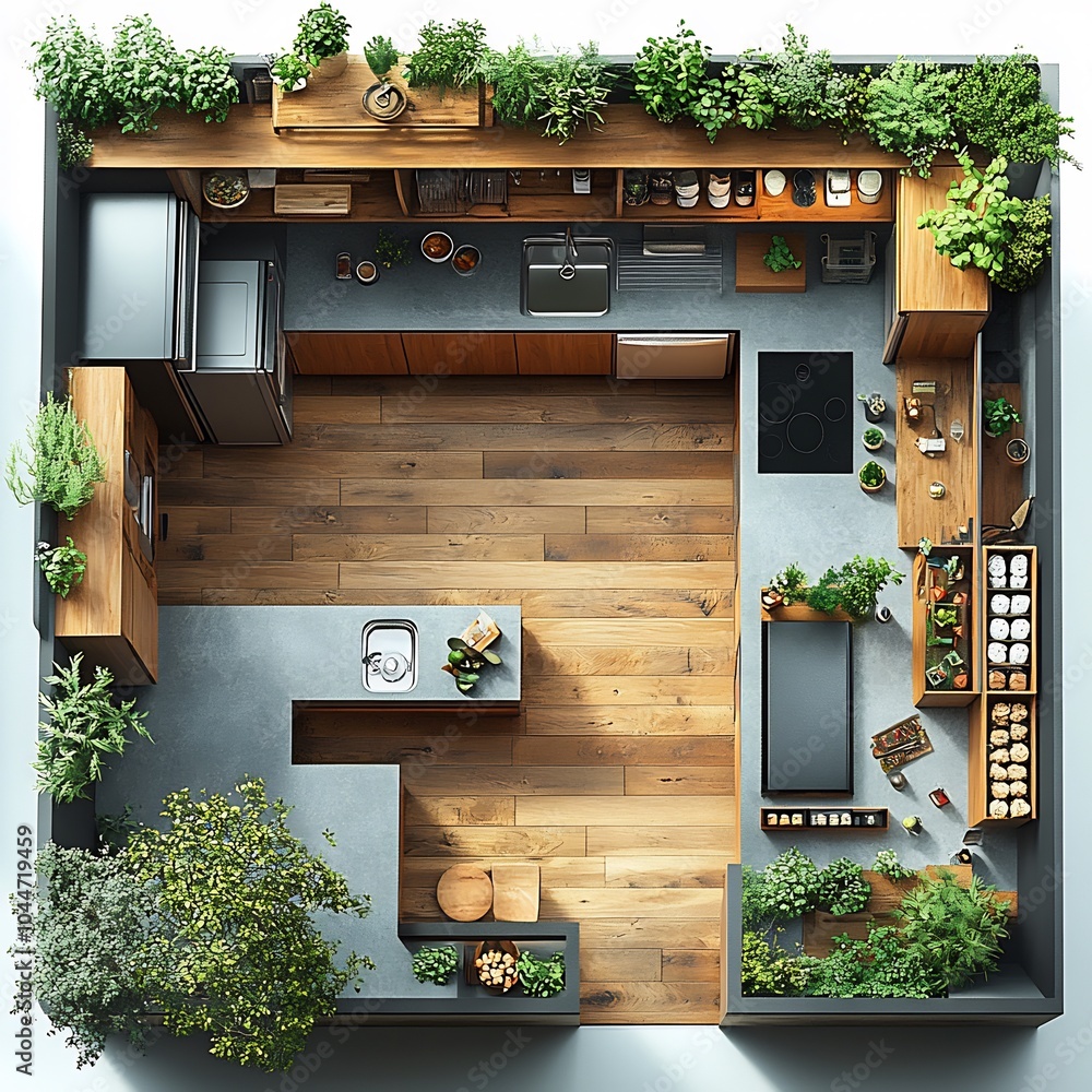 Poster 3d top view of welldesigned kitchen featuring a spacious island open shelving system and a large fri