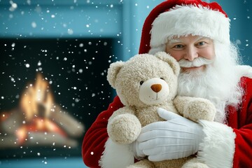 Santa Claus cheerfully holds a plush teddy bear in a cozy room by a fireplace, evoking warmth, comfort, and nostalgic Christmas memories with a touch of magic.