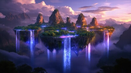 Fototapeta premium Surreal Landscape with Floating Islands: A Dreamlike Horizon of Airborne Terrain and Ethereal Beauty