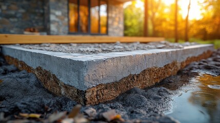 Naklejka premium Concrete foundation with natural surroundings at sunset.