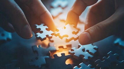 Invisible Hands Assembling Puzzle Pieces in a Business Concept Scene