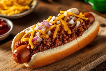 Delicious hot dog topped with chili, cheese, and onions, served in a fluffy bun for the ultimate comfort food.
