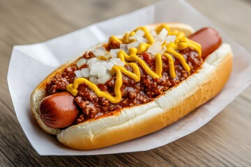 Delicious hot dog topped with chili, cheese, and onions, served in a fluffy bun for the ultimate comfort food.