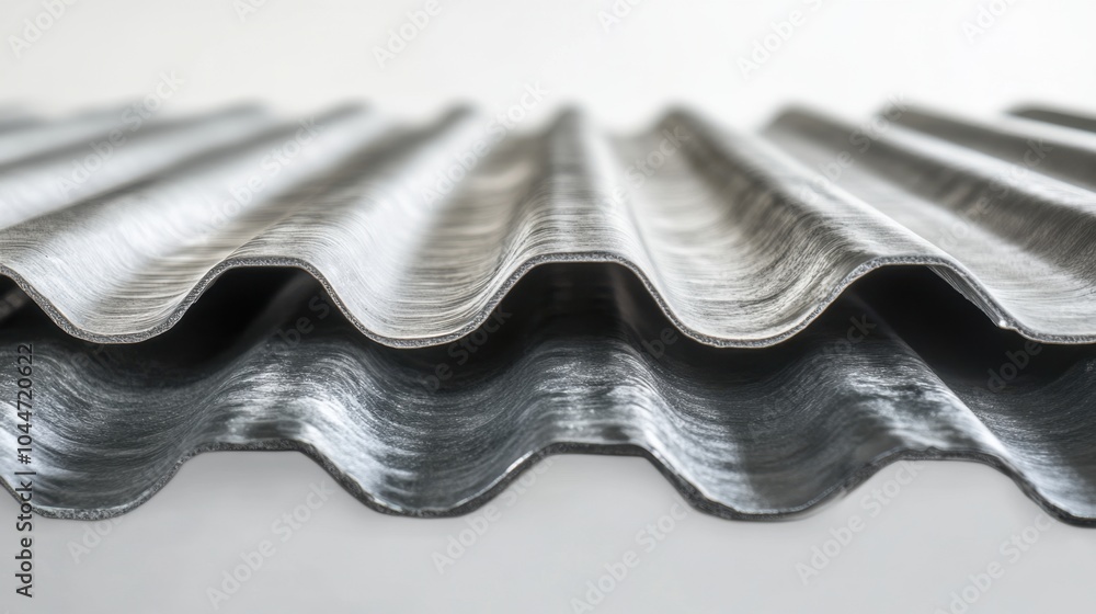 Poster neatly arranged stack of corrugated steel sheets, highlighting their pattern and texture against a c