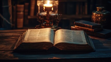 Open hardcover book on a vintage wooden desk, its blank pages awaiting content, set against a cozy dark academia aesthetic with warm, moody lighting and timeless decor