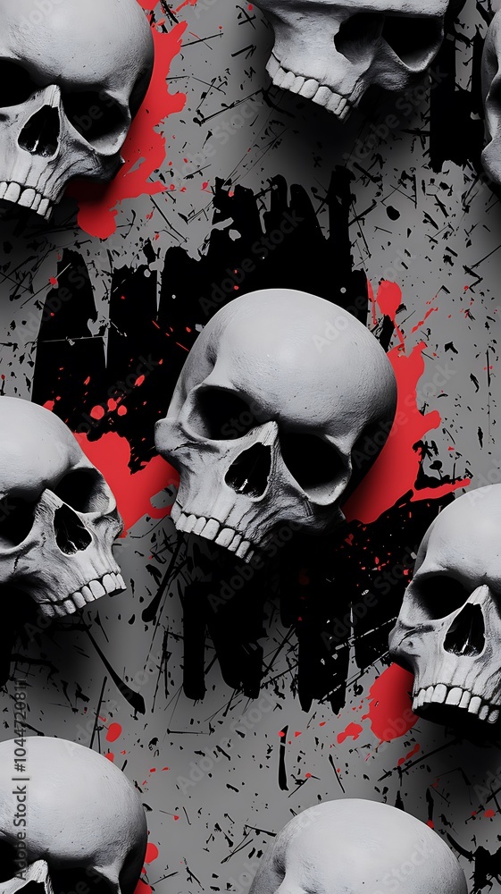 Aufkleber dark elegance a monochrome grunge pattern featuring intricate skull designs with striking red accent