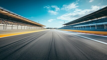 A dramatic, empty racing track under a clear sky, with spectator seats lining the sides. The stillness contrasts with the vibrant anticipation in the air, as if waiting for the action to begin.