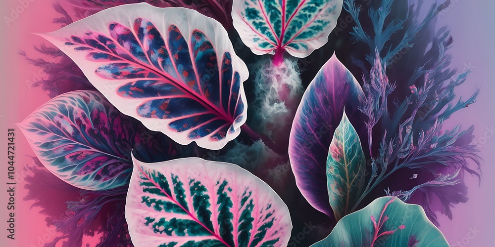 Poster a close-up exploration of diverse botanical leaves showcasing intricate patterns and vibrant colors 