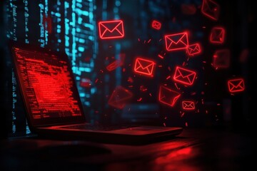 Laptop with floating red email icons in a dark cyber environment