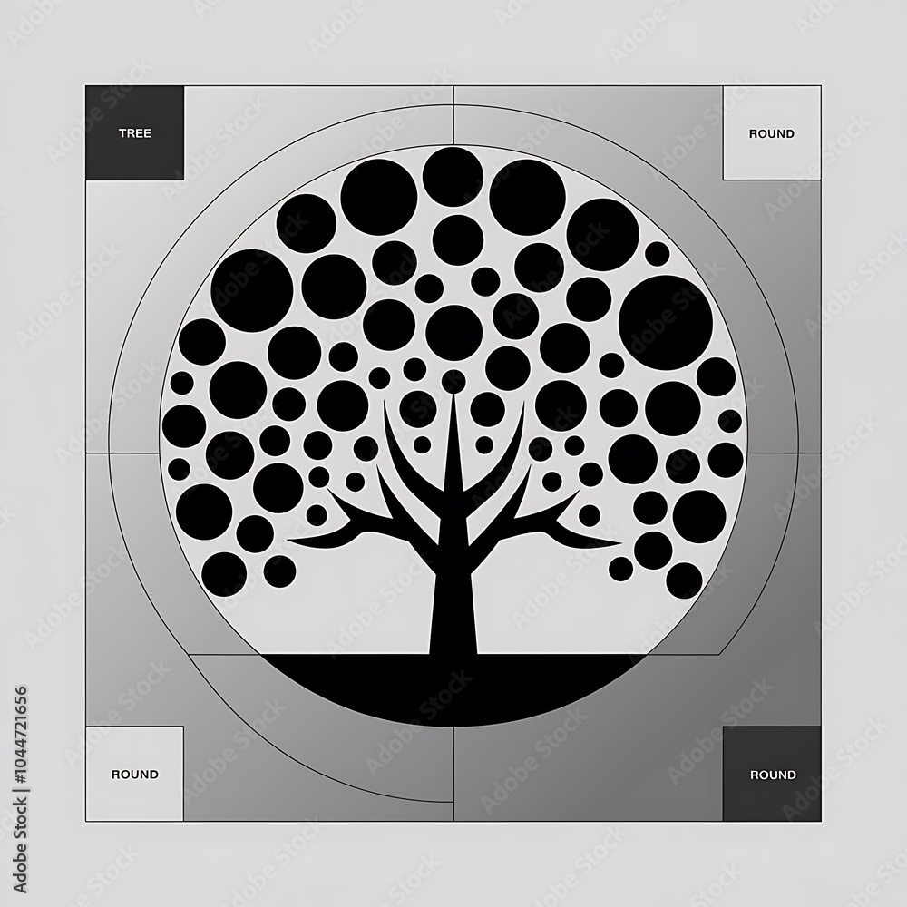 Poster monochrome illustration of a stylized tree with circular elements representing nature's diversity an