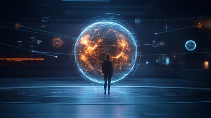 Person Standing in Glowing Orb with Digital Elements