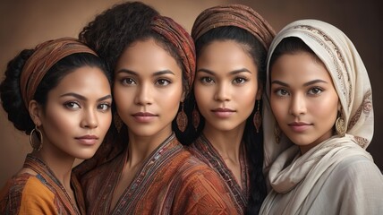 Obraz premium Happy faces of multi-racial women, American, African, Asian, Arab, in unity and diversity.