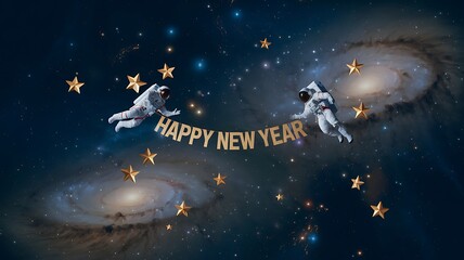 Astronauts celebrating new year in space with a cosmic theme surrounded by stars and galaxies