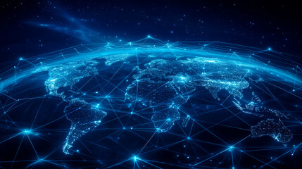 Global Network Connections Across Earth in Futuristic Digital World Map