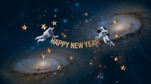 Astronauts celebrating new year in space with a cosmic theme surrounded by stars and galaxies