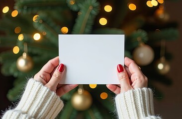 top view of a women's hands in the white sweater with light skin and red nails holding a postcard with space for text, a decorated Christmas tree with lights  in the background 