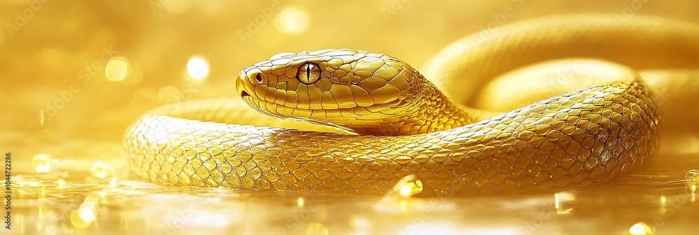 Aufkleber Golden abstract snake design flowing elegantly through clean geometric patterns and modern festive lights on a soft neutral background Stock Photo with side copy space